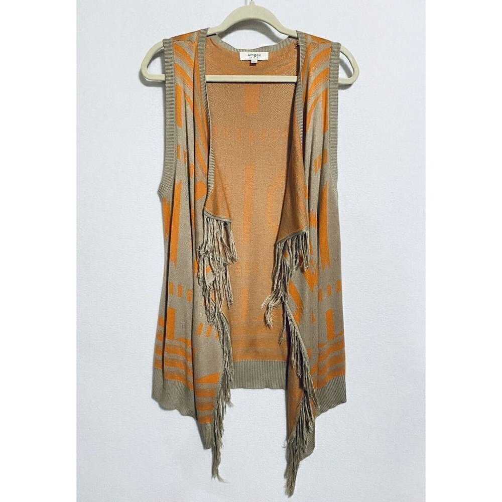 Umgee Womens Small Medium Sleeveless Tribal Fringe Sweater Vest Tan Orange Boho